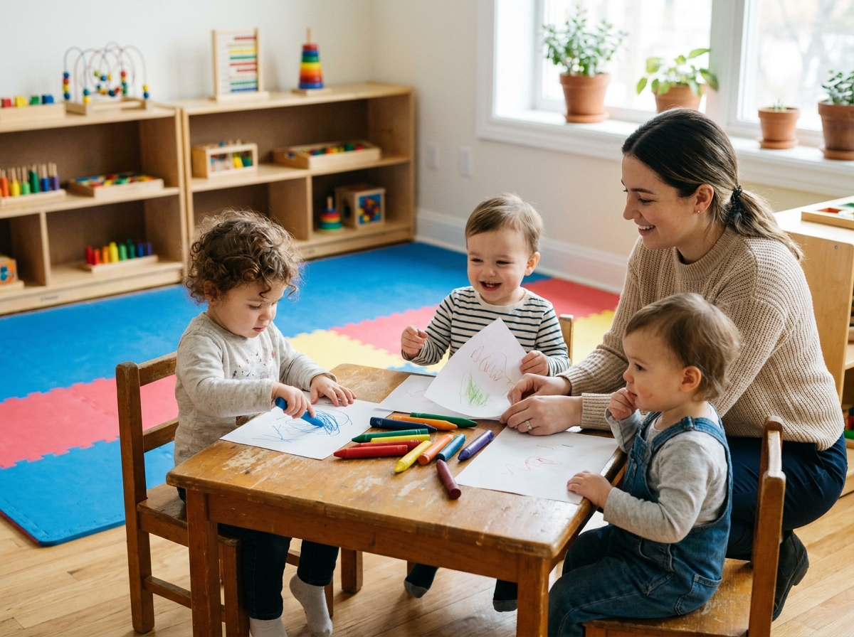 Groupe de tout-petits en activité créative encadrés par une éducatrice dans une salle de jeux de crèche privée