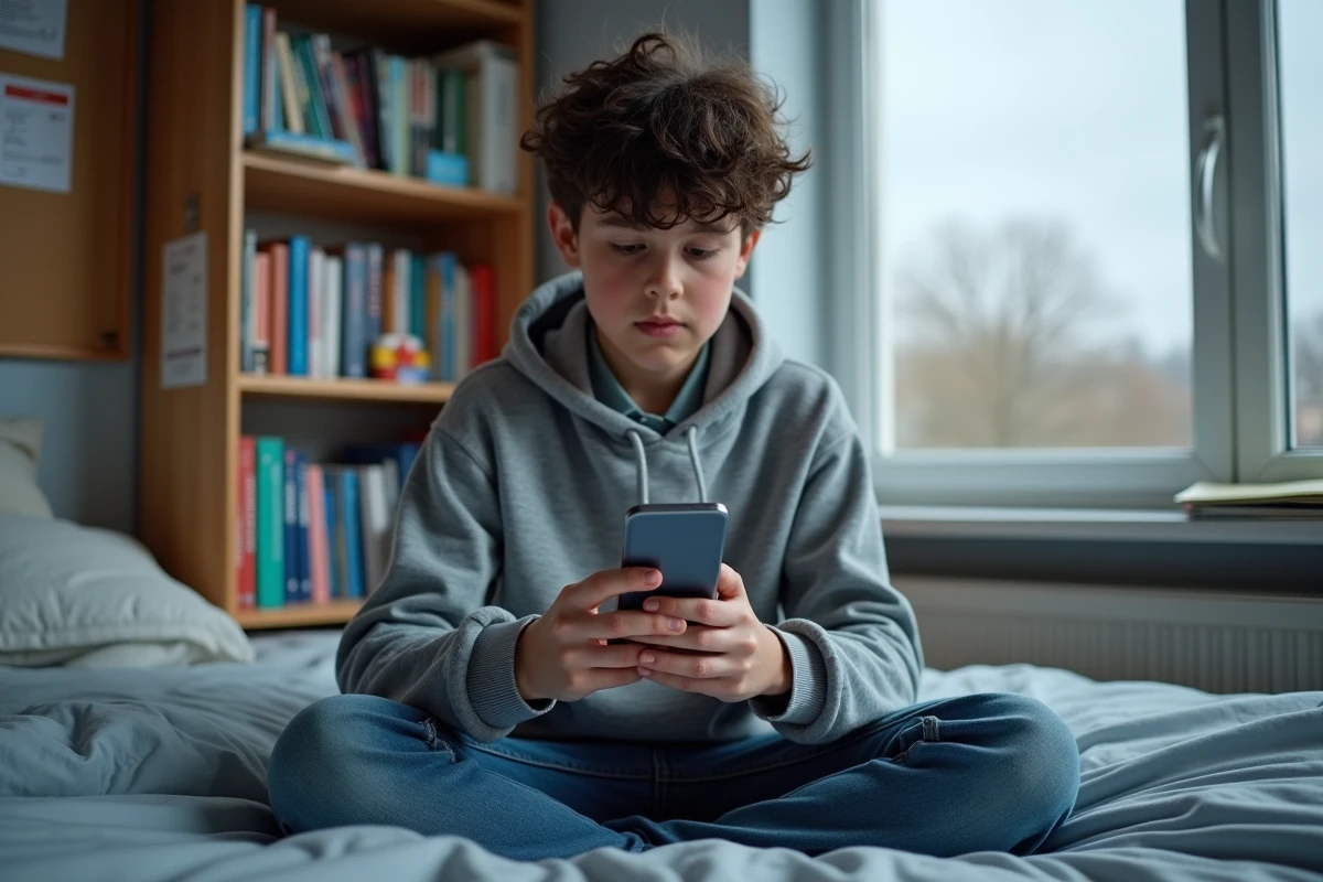 Adolescent britannique utilisant une application mobile pour suivre les dates de vacances scolaires 2026 en Angleterre