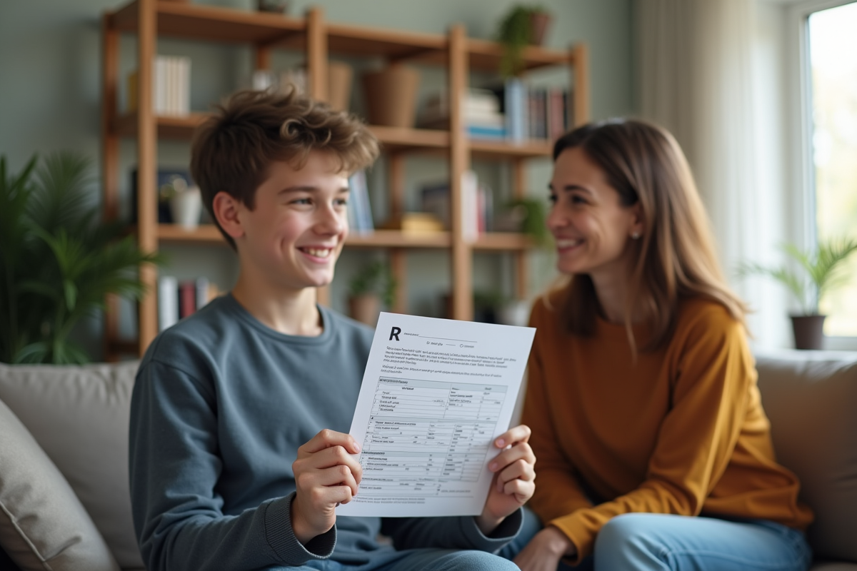 Adolescent montrant son bulletin à sa mère dans le salon