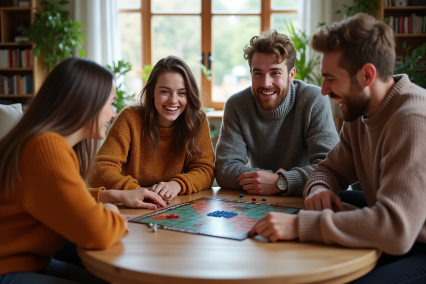 Groupe d'amis jouant à un jeu de société dans un salon chaleureux