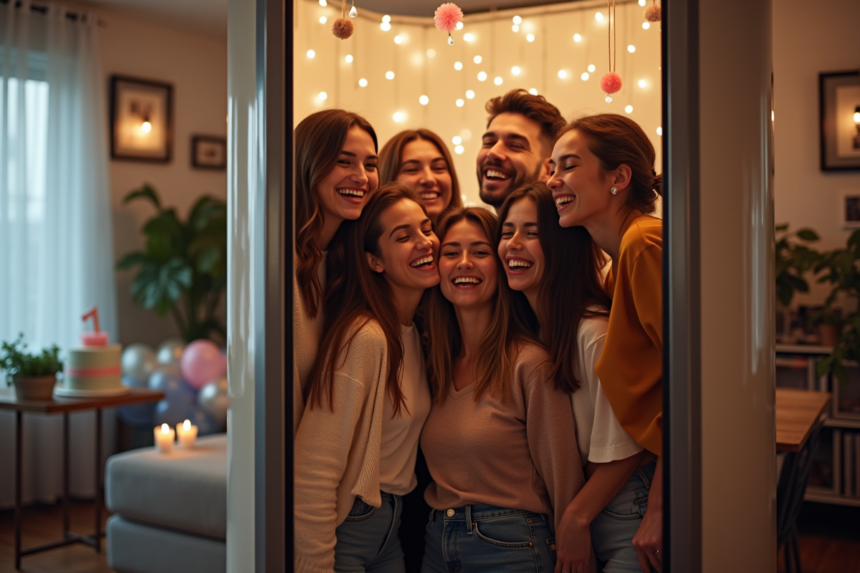 Groupe d'amis souriants dans un photobooth moderne lors d'une fête d'anniversaire