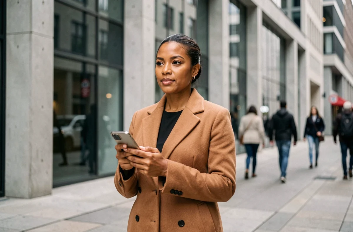 Femme animatrice en extérieur urbain tenant un smartphone, illustrant la gestion des rumeurs et des mises au point publiques