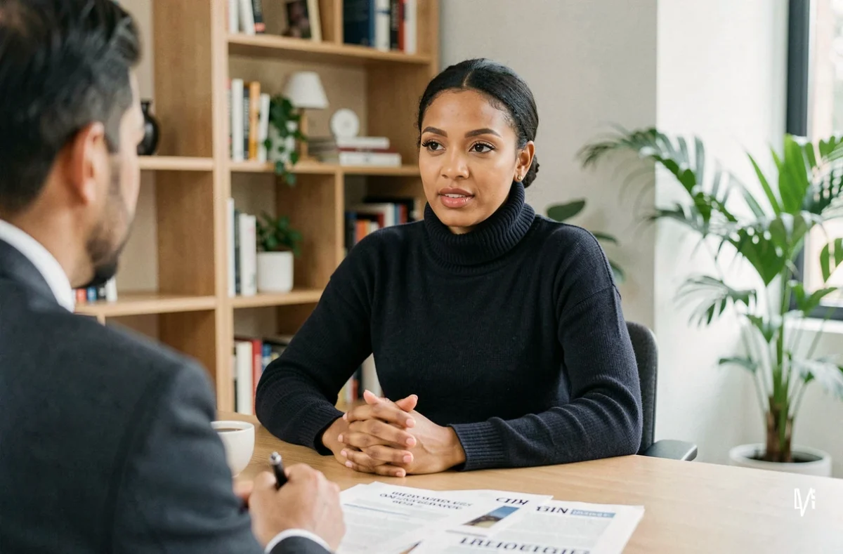 Animatrice accordant une interview dans un bureau éditorial moderne, revenant sur des rumeurs concernant sa vie personnelle