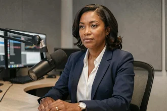 Animatrice de télévision nord-africaine assise derrière un bureau de plateau, exprimant confiance et sérénité face aux rumeurs