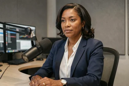 Animatrice de télévision nord-africaine assise derrière un bureau de plateau, exprimant confiance et sérénité face aux rumeurs