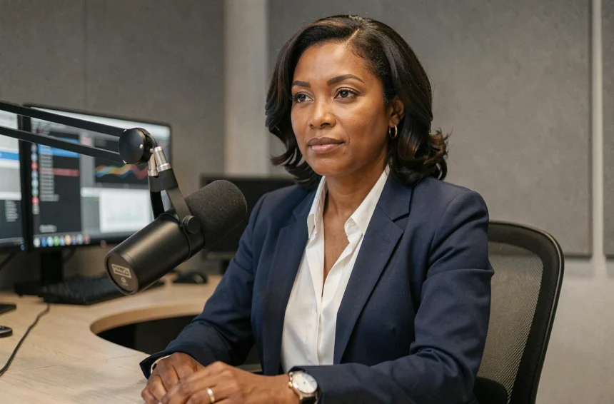 Animatrice de télévision nord-africaine assise derrière un bureau de plateau, exprimant confiance et sérénité face aux rumeurs