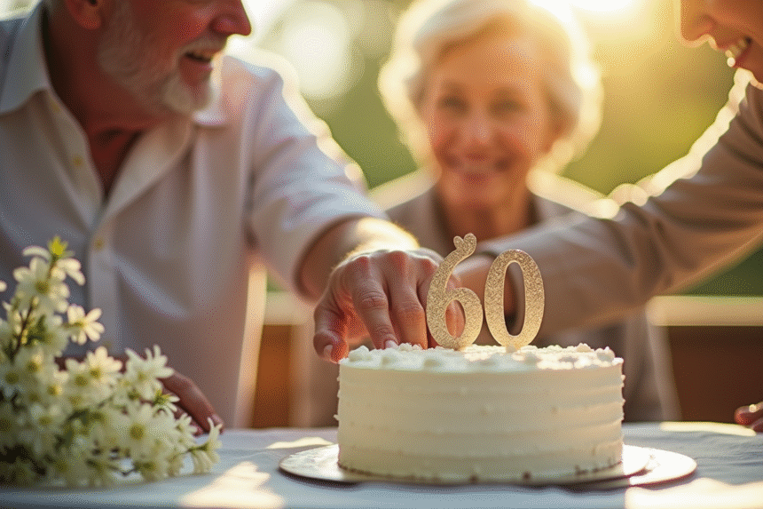 Couple agee celebrant anniversaire diamant avec gateau