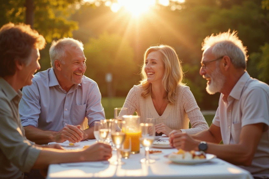Famille multigenerations célébrant 30 ans de mariage en extérieur