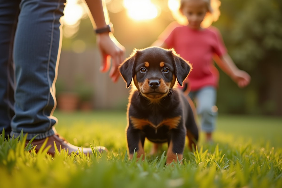 Chiot rottweiler en apprentissage dans le jardin ensoleille