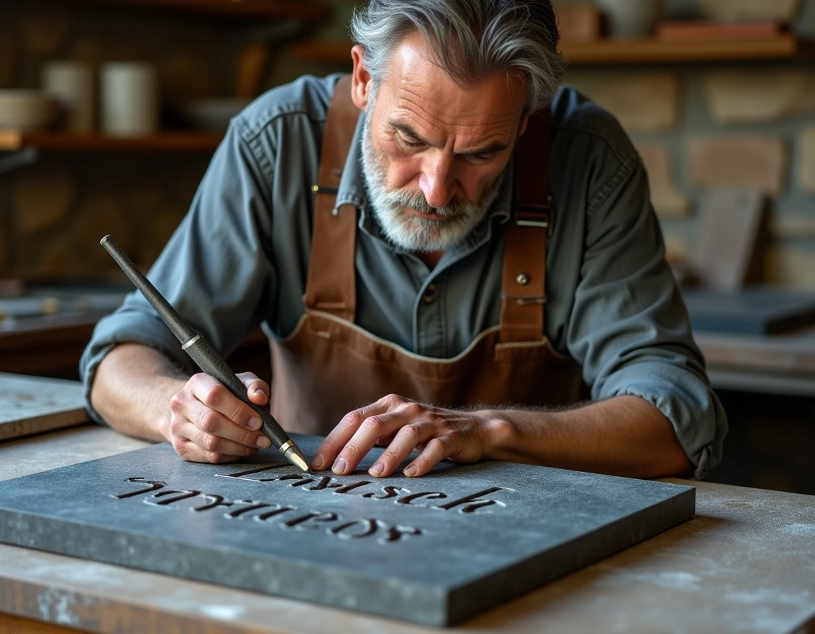 Artisan graveur travaillant sur une plaque commémorative en granit dans son atelier
