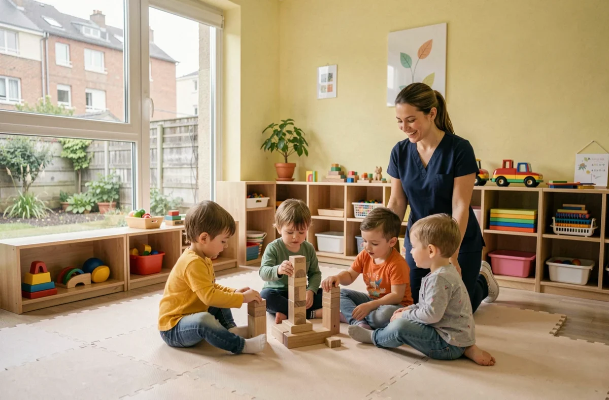Salle de jeux de la crèche collective Babilou Chelles Mitterand avec enfants et éducatrice