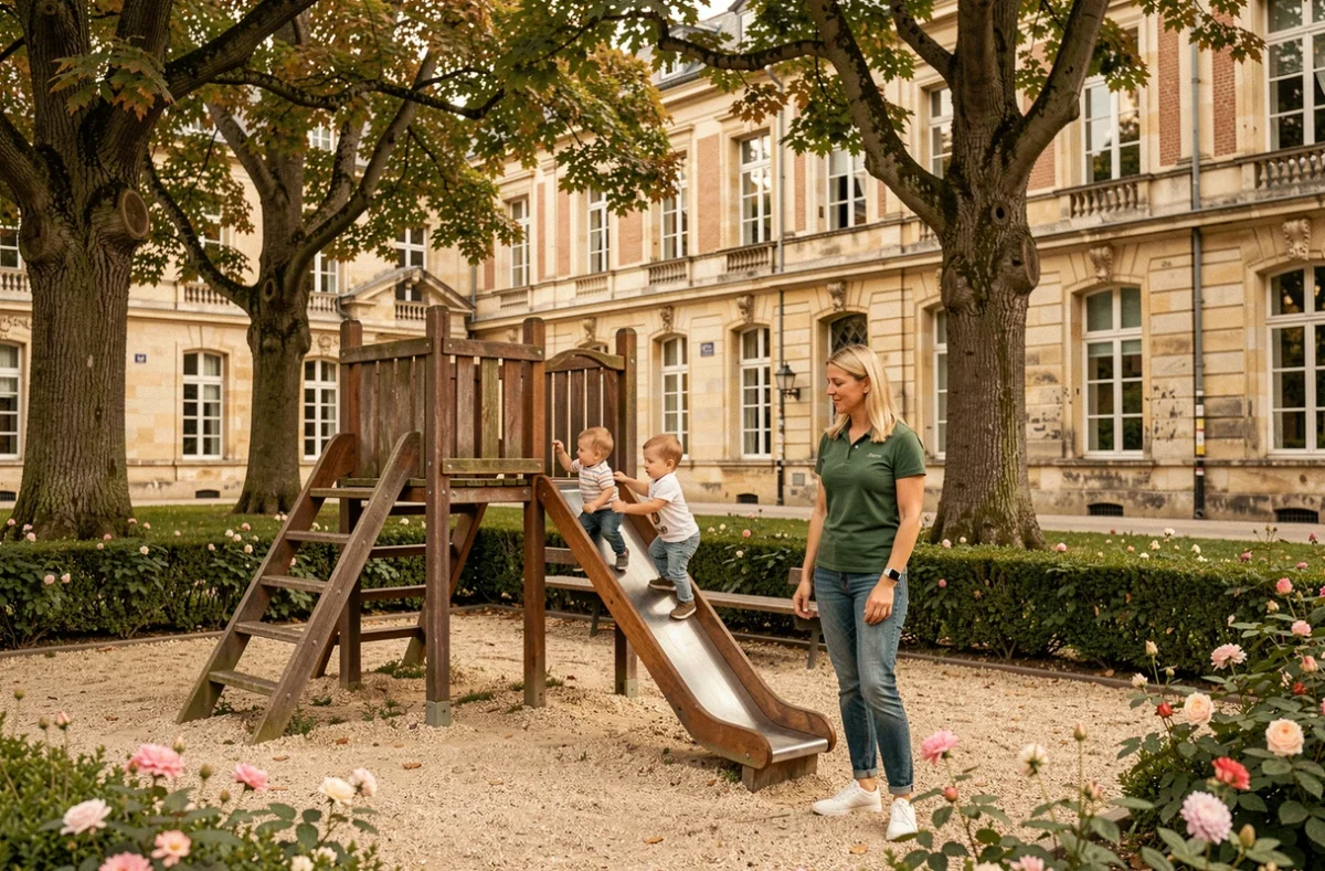 Jardin extérieur de la crèche Babilou Fontainebleau Château avec enfants sur structure de jeux