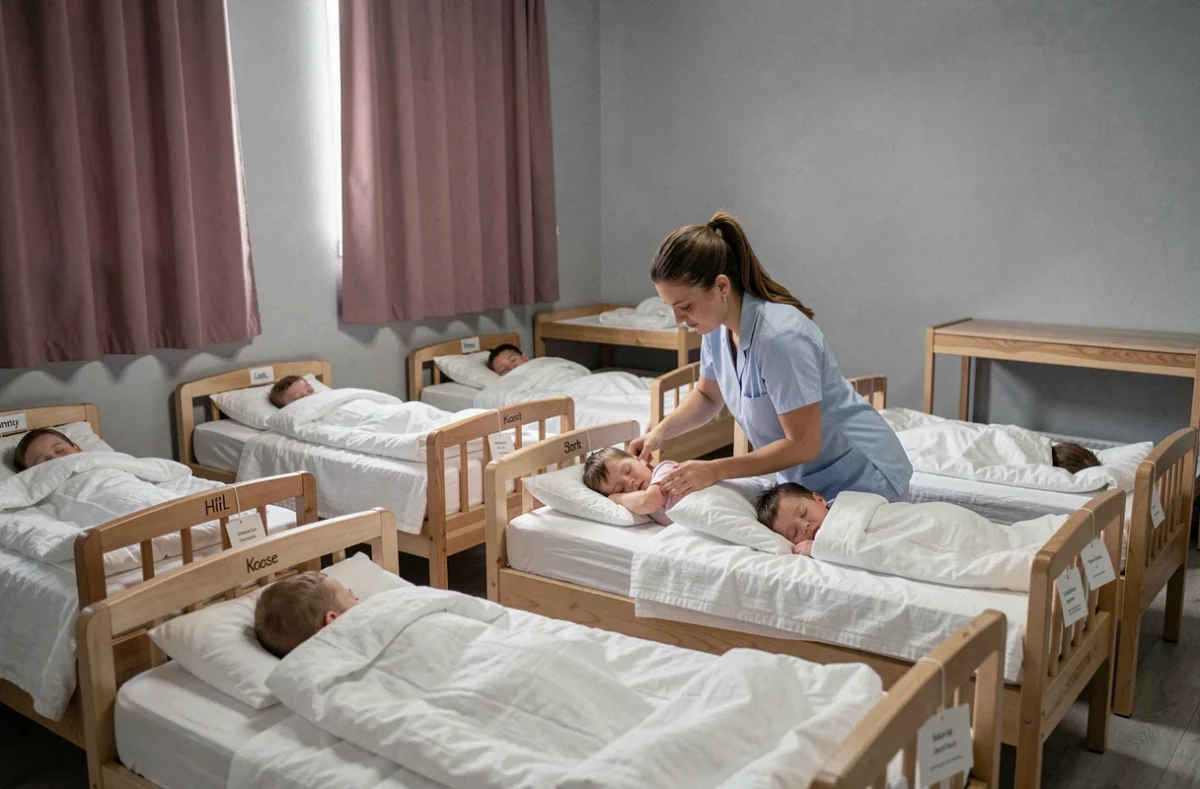 Salle de sieste de la crèche collective Babilou Melun Dajot avec lits pour nourrissons