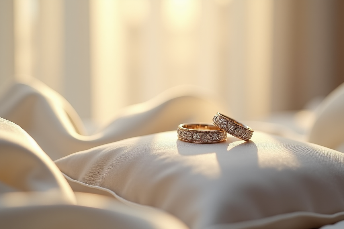 Gourmettes de mariage en diamants sur coussin en soie