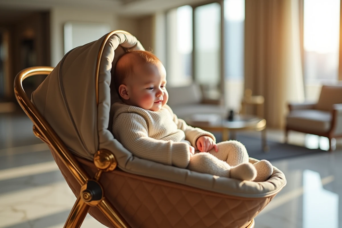 Bébé dans une poussette en cuir dans un salon lumineux