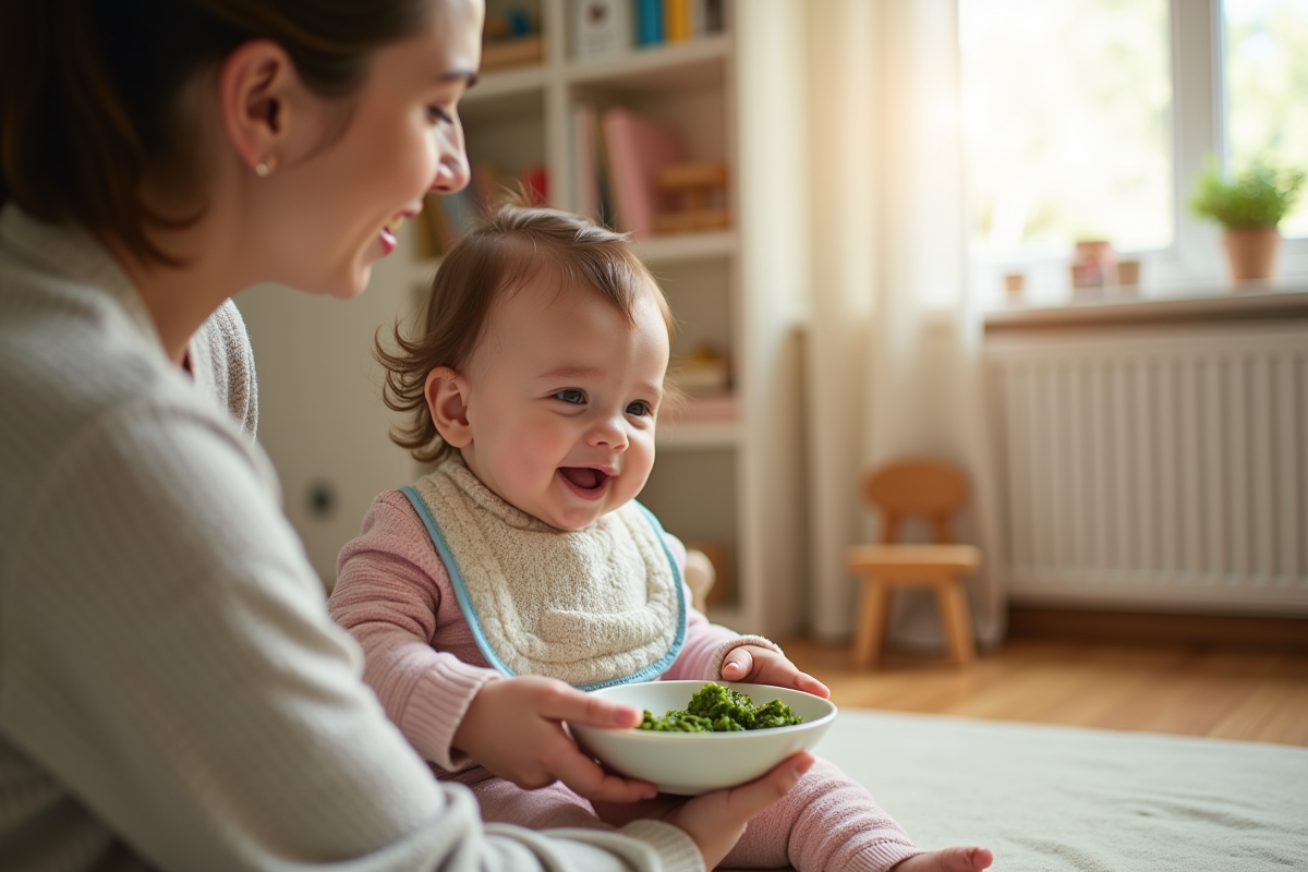 Bébé de 9 mois avec parent dégustant la purée d