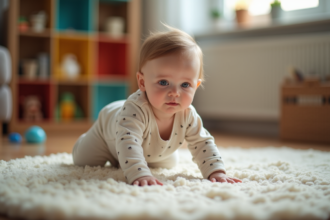 Bebe fille de 10 mois en body à motifs qui rampe dans le salon