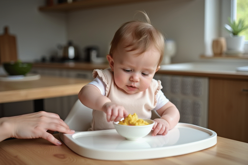 Bébé fille de 7 mois mangeant dans une cuisine moderne
