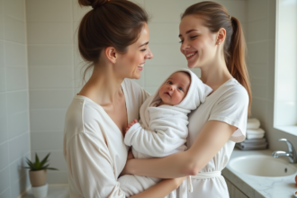 Bebe de trois mois avec sa maman lors d'un soin matin