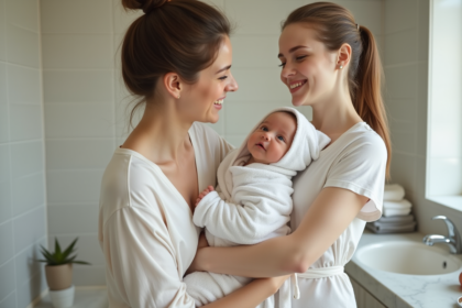 Bebe de trois mois avec sa maman lors d'un soin matin