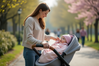 Bébé nouveau-né dans une poussette avec mère attentionnée