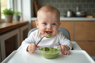 Bébé de 7 mois dégustant sa première purée d'épinards