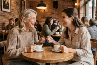 Belle-mère et belle-fille partageant un moment complice autour d'un café dans un cadre chaleureux