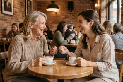 Belle-mère et belle-fille partageant un moment complice autour d'un café dans un cadre chaleureux