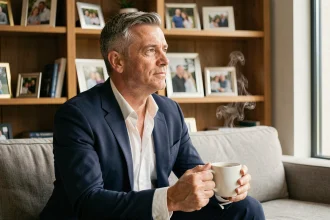 Benjamin Castaldi père de famille médiatique assis dans son salon entouré de photos familiales, regard pensif et tasse de café à la main