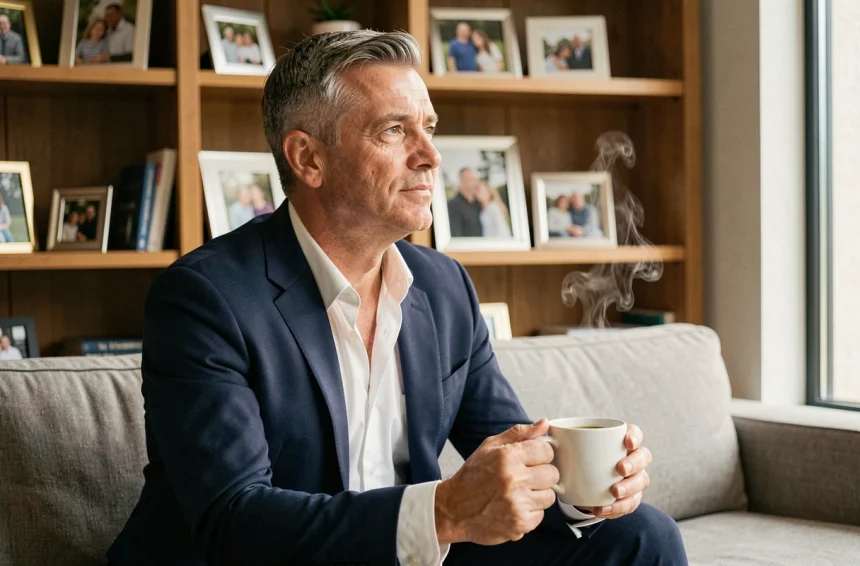 Benjamin Castaldi père de famille médiatique assis dans son salon entouré de photos familiales, regard pensif et tasse de café à la main