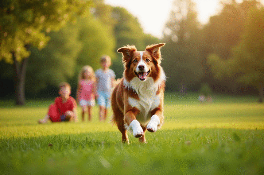 Chien berger australien jouant au frisbee dans un parc ensoleille