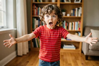 Enfant de 8 ans mimant une expression exagérée de surprise dans un salon chaleureux, illustrant les blagues à mimer pour enfants