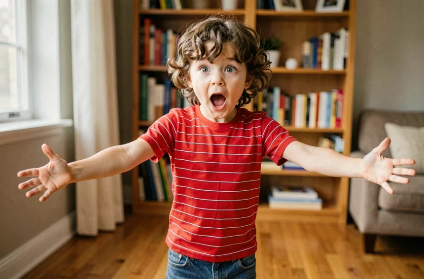 Enfant de 8 ans mimant une expression exagérée de surprise dans un salon chaleureux, illustrant les blagues à mimer pour enfants