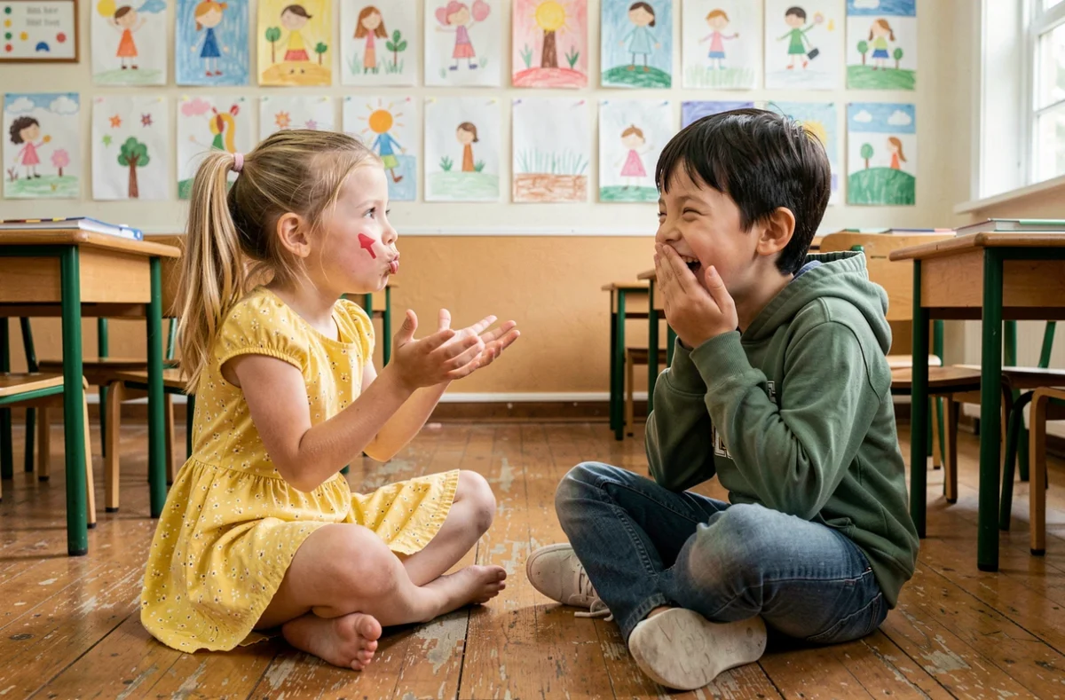 Deux fillettes de 8 ans jouant à des blagues à mimer en classe, l'une mimant une scène drôle pendant que l'autre rit