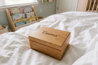 Boîte à musique en bois avec prénom gravé Emma posée sur un drap blanc dans une chambre d'enfant pastel