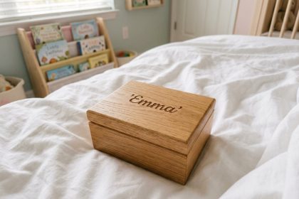 Boîte à musique en bois avec prénom gravé Emma posée sur un drap blanc dans une chambre d'enfant pastel