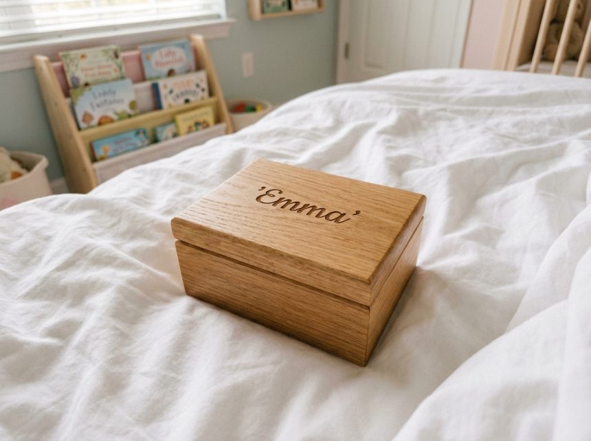Boîte à musique en bois avec prénom gravé Emma posée sur un drap blanc dans une chambre d'enfant pastel