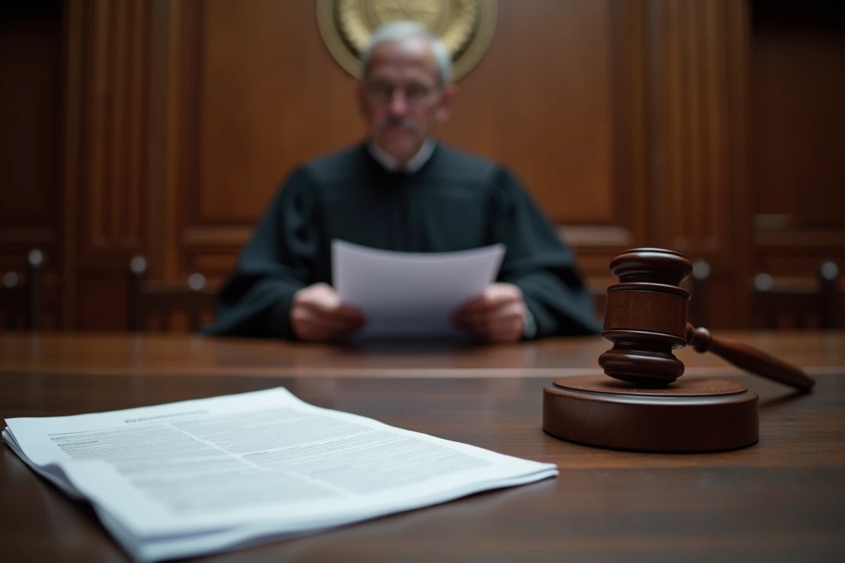 Bureau de juge avec marteau et dossier juridique lors d'une audience sur le droit de visite