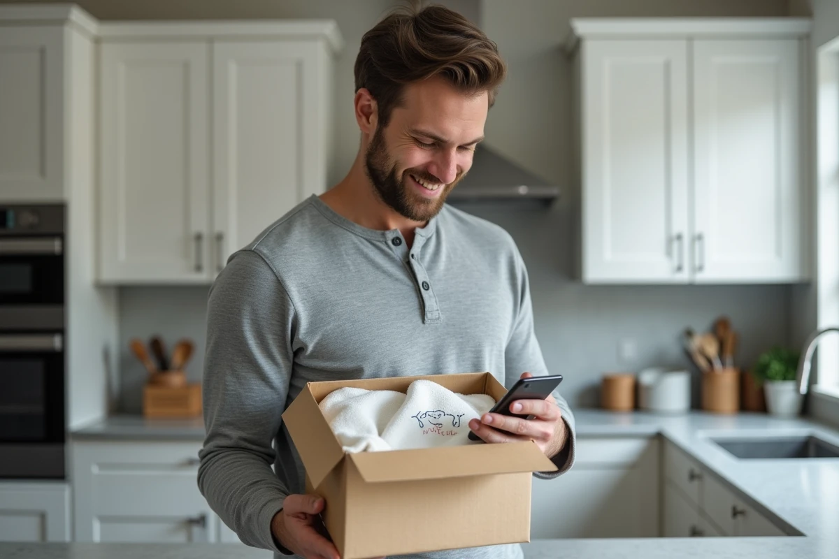 Homme tenant un cadeau de naissance personnalisé et coordonnant l'envoi depuis son smartphone dans une cuisine moderne