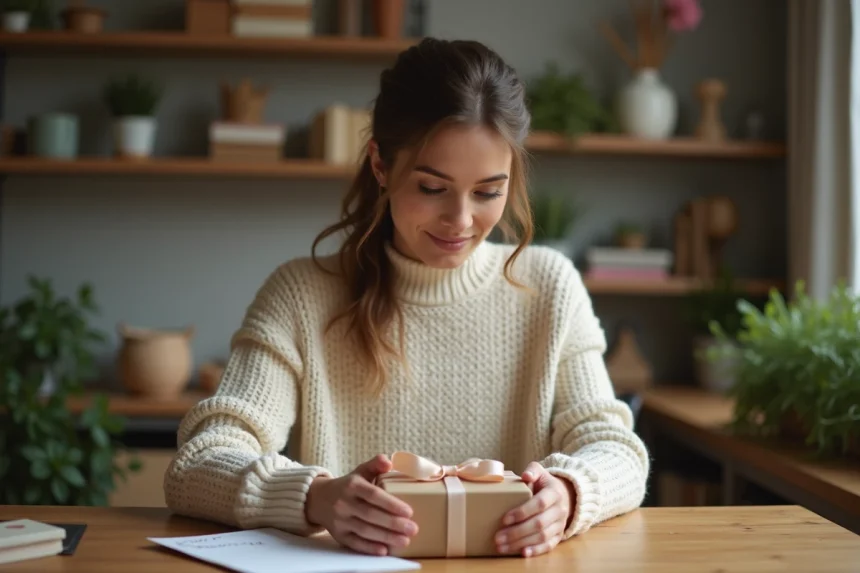 Femme préparant un cadeau de naissance personnalisé avec soin à son bureau en bois à domicile
