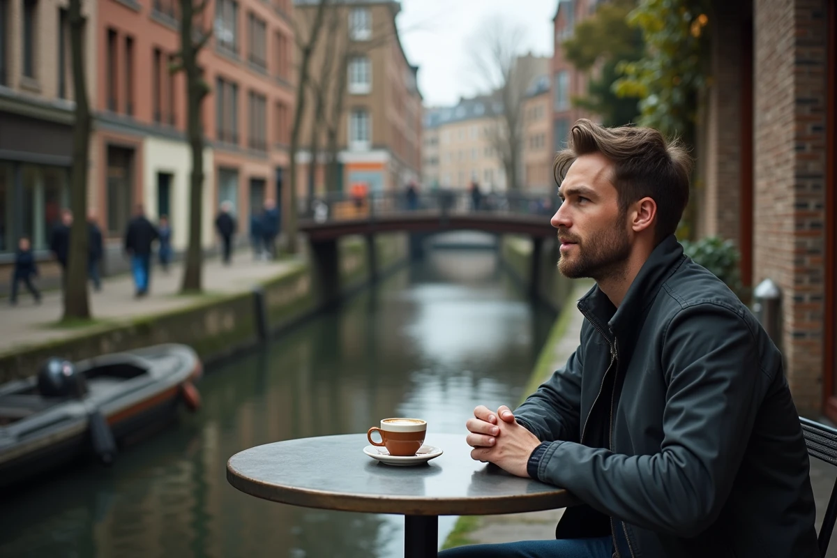 Homme savourant un café en terrasse au bord d'un canal calme en banlieue parisienne, atmosphère paisible loin du tourisme de masse