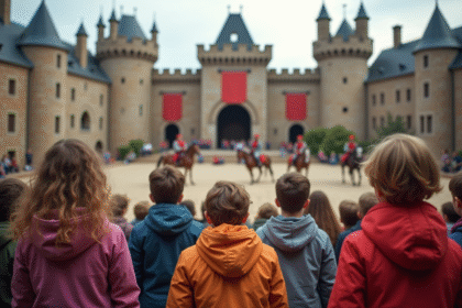Groupe d'enfants et adultes devant un château médiéval à Puy du Fou