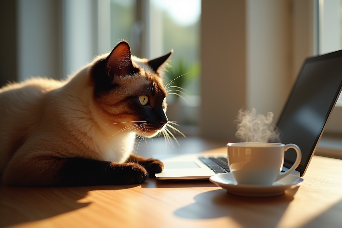 Chat siamois allongé sur la table de cuisine avec café et ordinateur