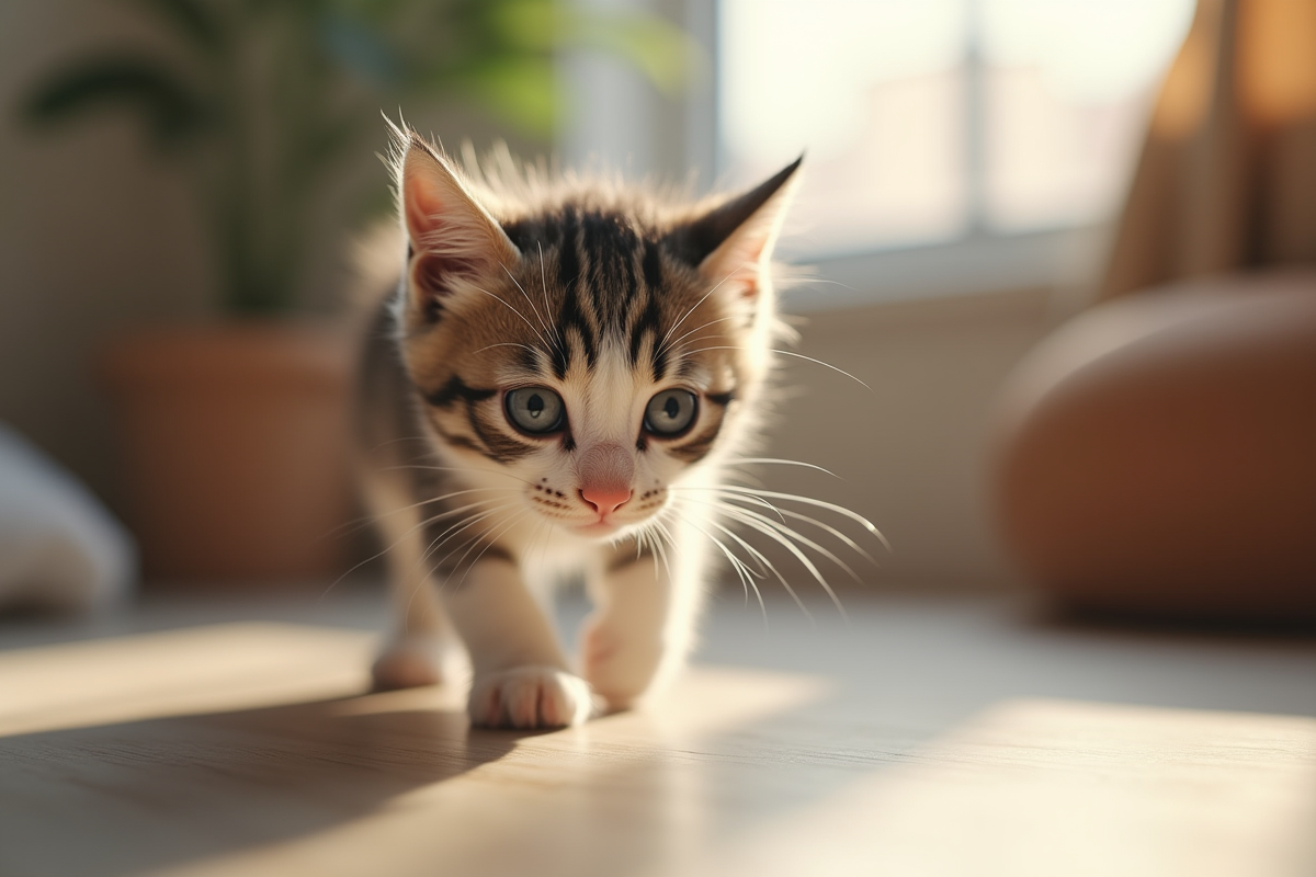Chaton gris et blanc explore un intérieur cosy à hauteur d