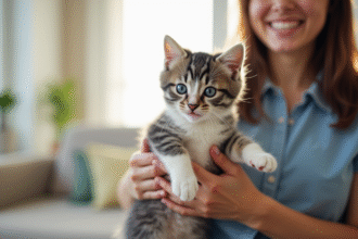 Chaton gris et blanc tenu par un membre souriant en salon lumineux