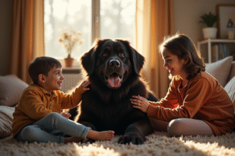 Chien Newfoundland dans un salon avec famille souriante