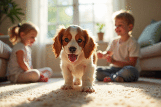 Chiot cocker spaniel jouant avec des enfants dans un salon lumineux