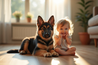 Jeune chiot berger allemand avec un enfant dans un salon lumineux