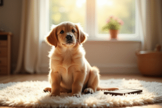 Chiot golden retriever assis sur un tapis intérieur lumineux