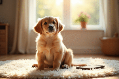 Chiot golden retriever assis sur un tapis intérieur lumineux